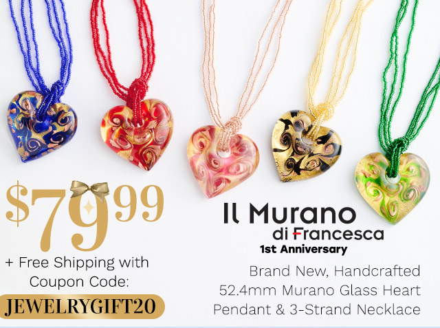 215-598 |  Il Murano di Francesca Brand New, Handcrafted 52.4mm Murano Glass Heart Pendant & 3-Strand Necklace | $79.99 + Free Shipping with Coupon Code: JEWELRYGIFT20