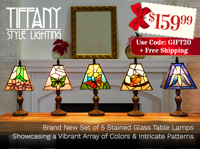 524-993 | Tiffany Style Lighting | Brand New Set of 5 Stained Glass Table LampsShowcasing a Vibrant Array of Colors & Intricate Patterns$159.99 with Coupon Code: GIFT20 + Free Shipping