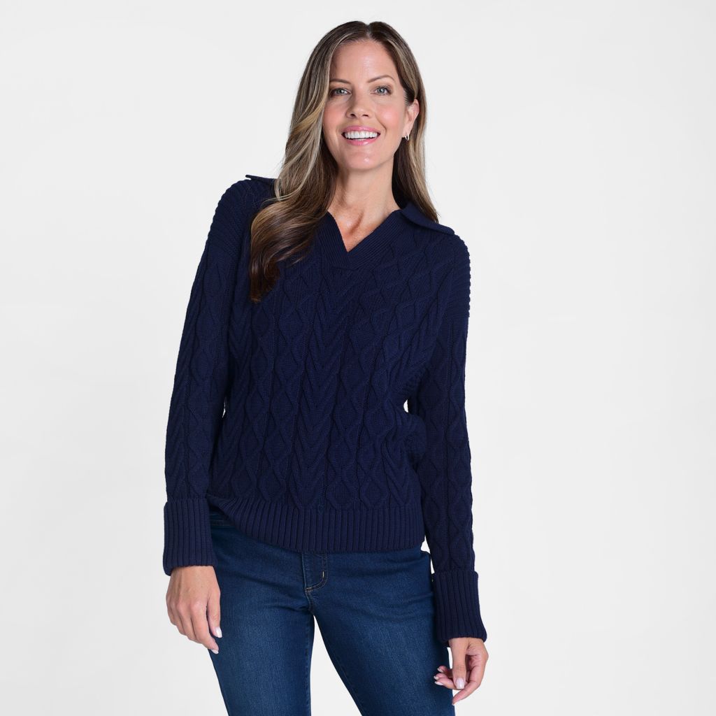 Image of Christopher & Banks Cable Knit Collared Pullover