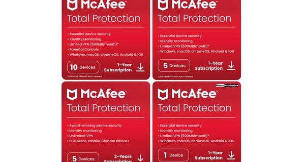 McAfee Total Protection 2025 : sécurité en ligne complète pour 1 à 10 appareils (1 ou 2 ans)