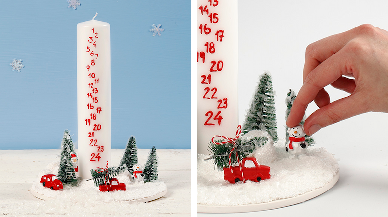 Christmas decoration with Advent candles decorated with polar bears and Christmas trees