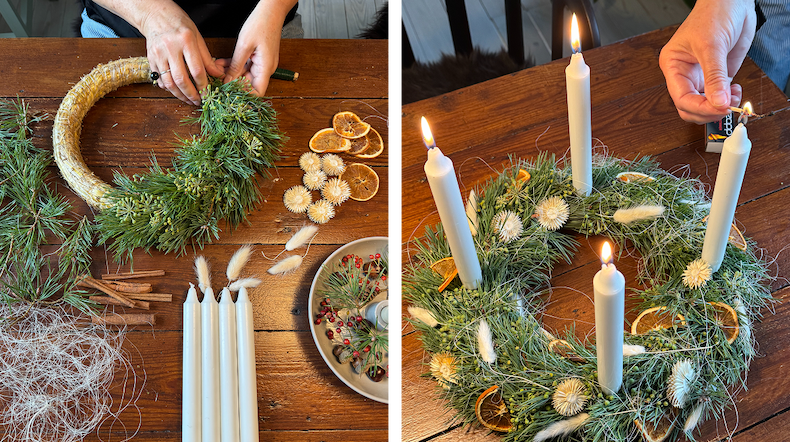 Christmas decorations, Christmas lights, and calendar candles