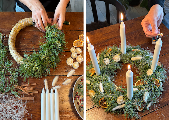 Christmas decorations, Christmas lights, and calendar candles