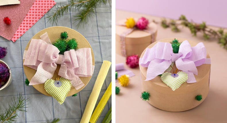 Gift wrapping in round cardboard boxes