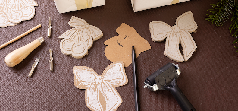 To-and-from card with linoleum block printing