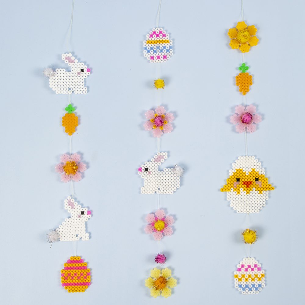 Easter garland made from Fuse beads with bunnies, eggs, flowers and chicks
