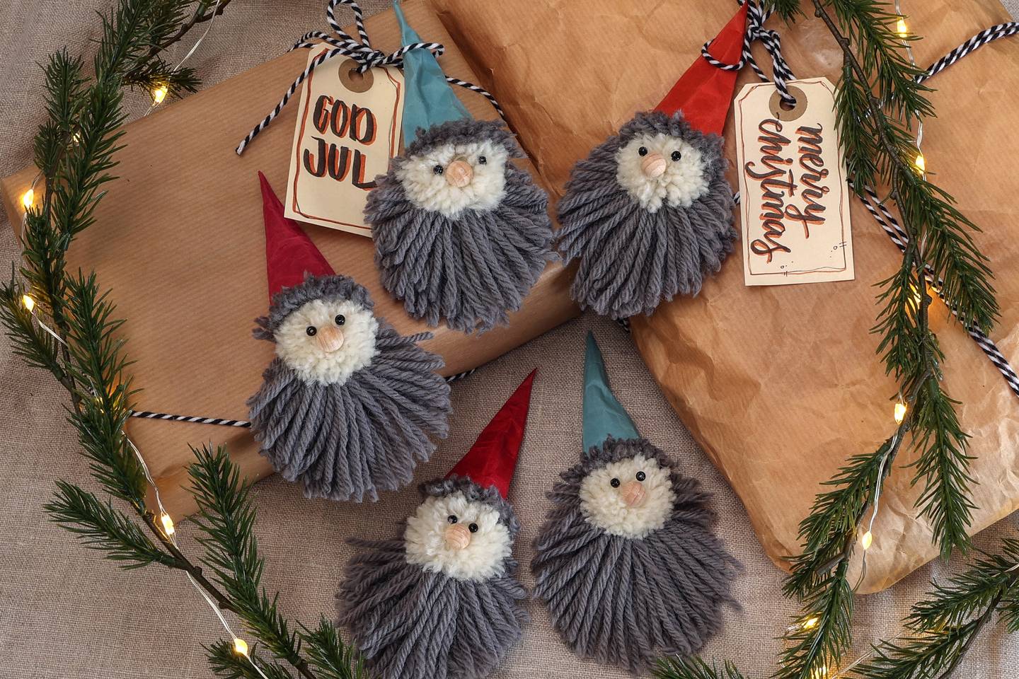 Pyssla ihop s&ouml;ta tomtar av garn