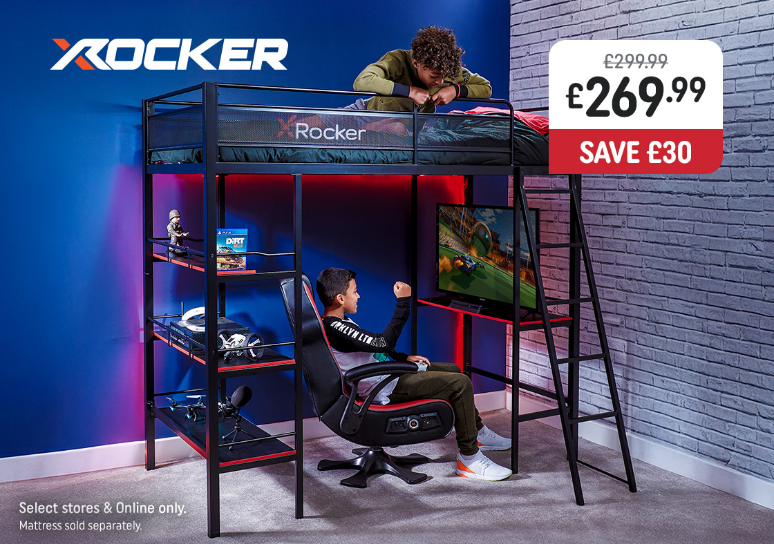 X Rocker Fortress High Sleeper Gaming Bunk Bed with Shelves and Desk