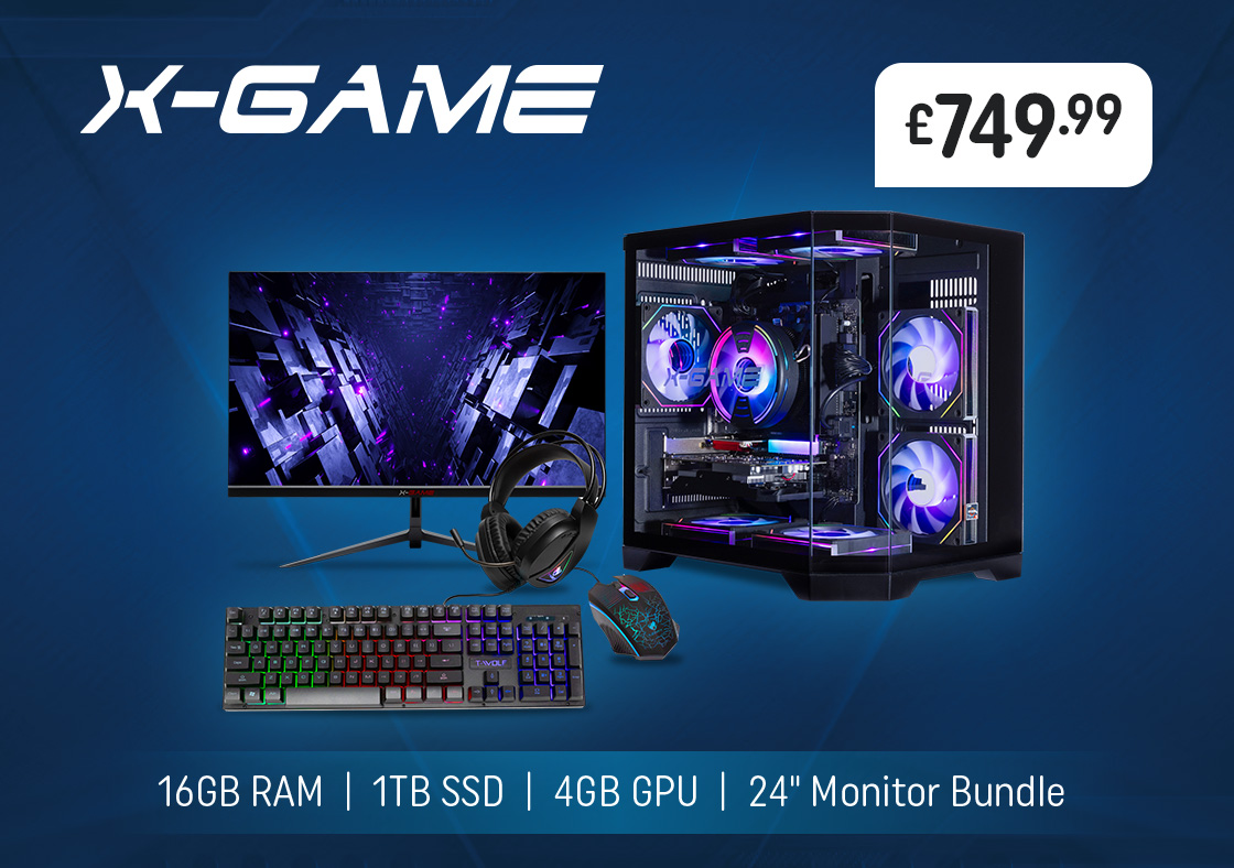 X-Game Ryzen 5 Gaming PC, 16GB RAM, 1TB SSD, 4GB Graphics, 24" Monitor Bundle