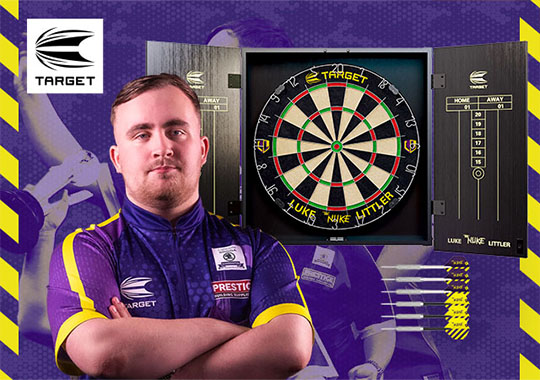 Luke Littler Dartboard Cabinet with Brass Steel-Tip Darts Set