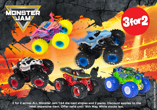 3 for 2 on selected Monster Jam 1:64 Die-Cast Single and 2 packs