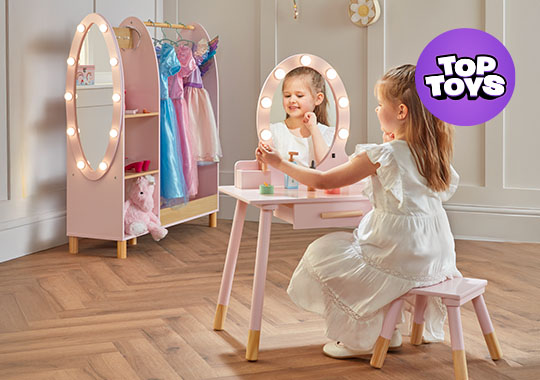 Dimples Light Up Wooden Vanity Table & Dress Up Rack with Light-Up Mirror