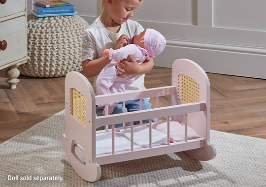 Ivy & Lily Wooden Rattan Baby Dolls Cradle
