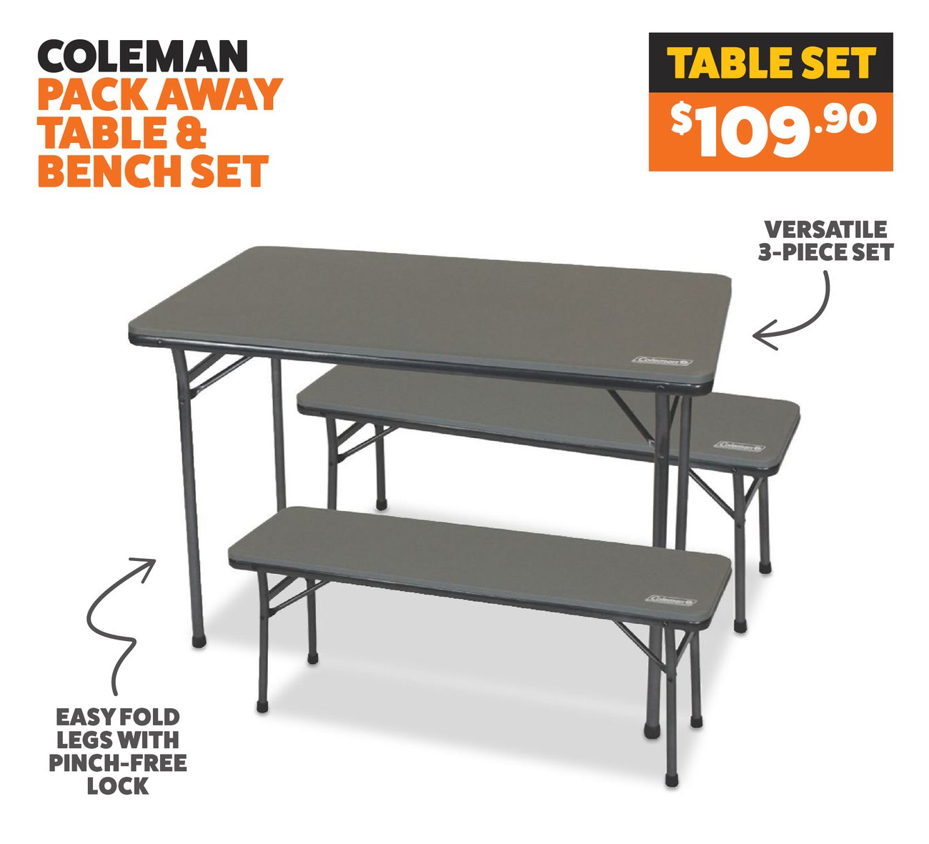 Coleman Pack Away Table & Bench 3 Piece Set