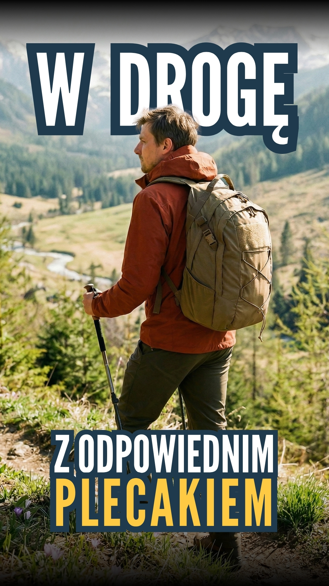Hiker with large backpack and walking pole in mountain landscape, promotional overlay: 'choose the right backpack'