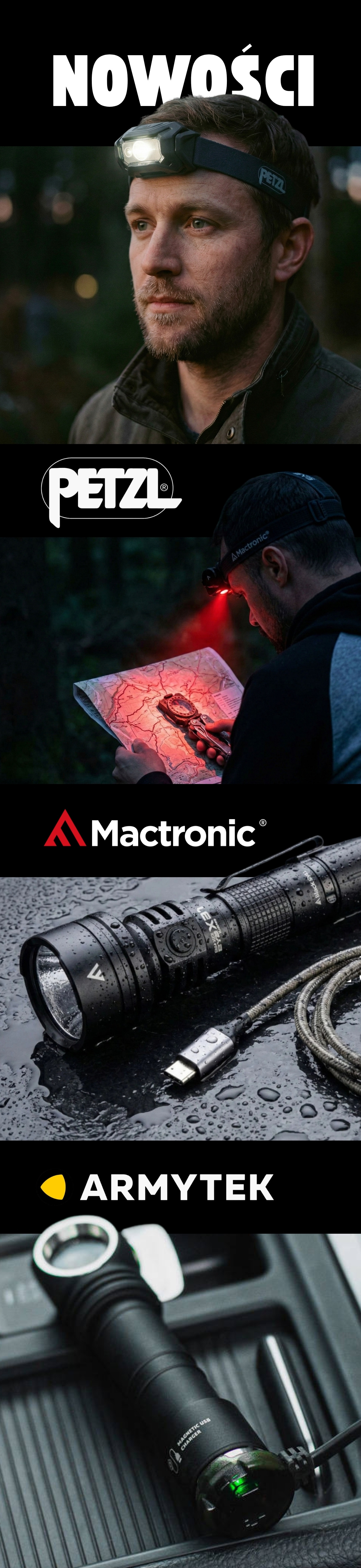 Outdoor lighting collage: man with headlamp, person reading map by red light, torches and Petzl, Mactronic, Armytek logos