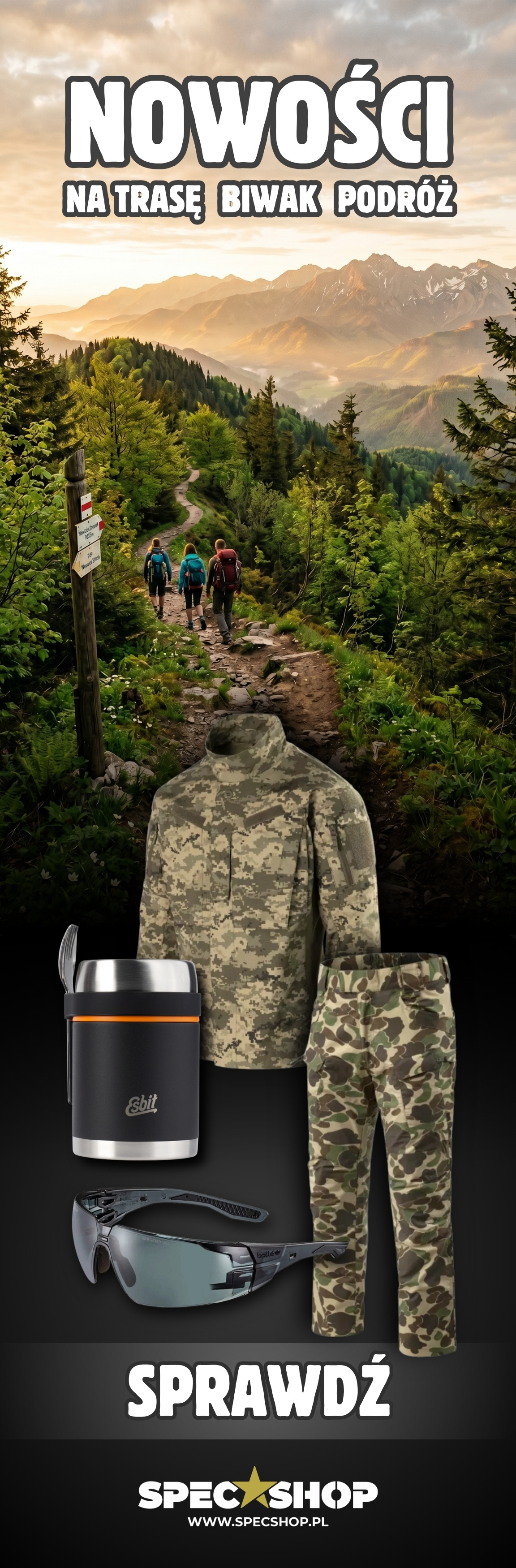 Hikers on a mountain trail at sunrise with camouflage jacket and trousers, thermal mug and protective sunglasses — camping and hiking gear