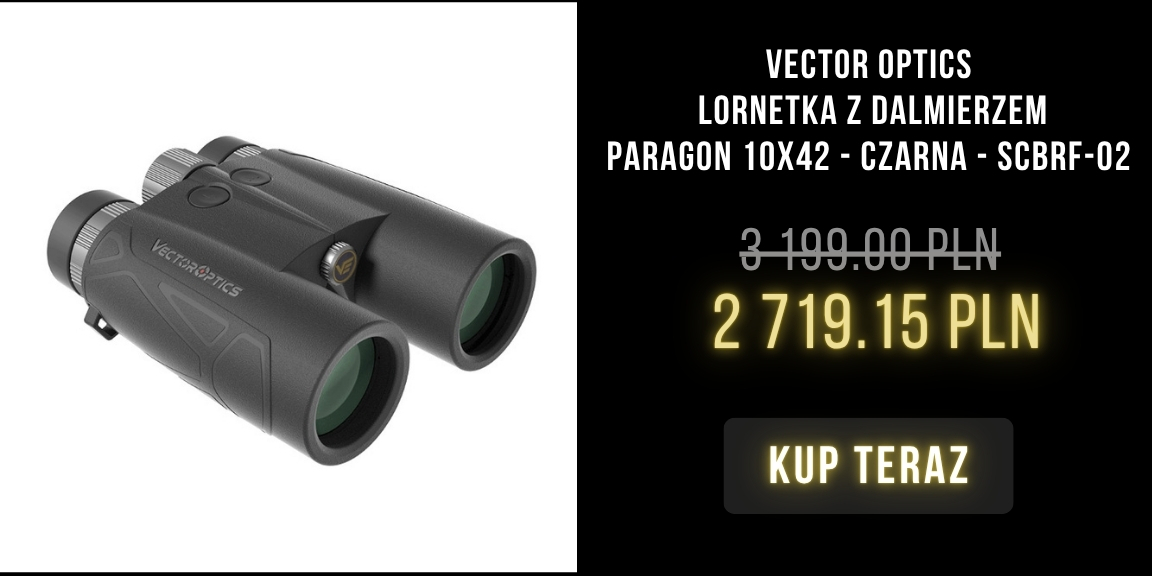 Black Vector Optics Paragon 10x42 binoculars with built‑in rangefinder shown alongside discounted price and 'Kup Teraz' buy button