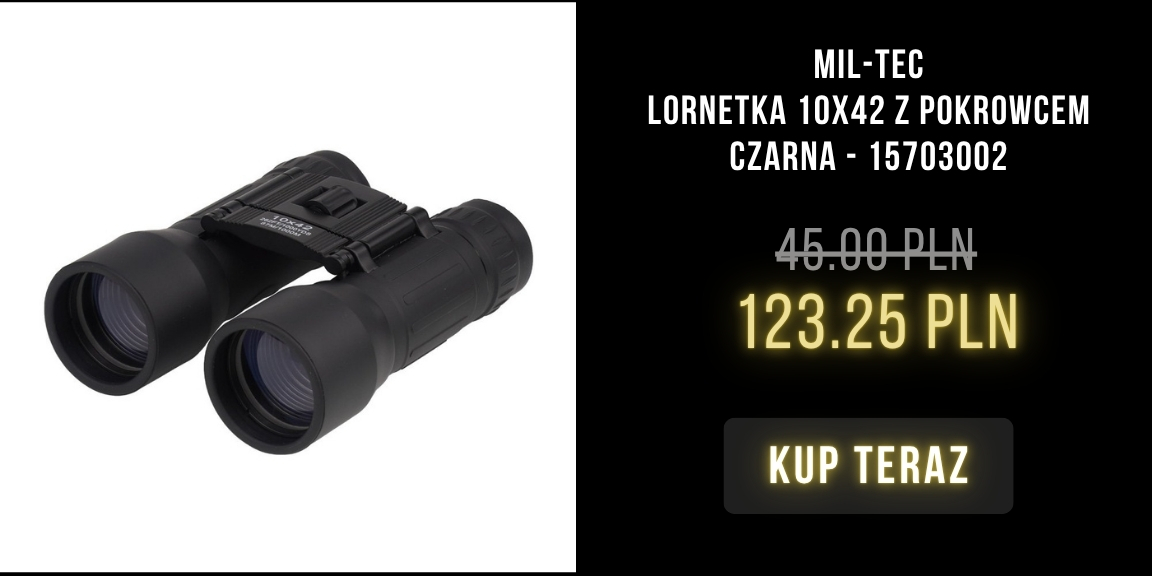 Mil‑Tec black 10x42 binoculars with protective cover, model 15703002, product shot on white background