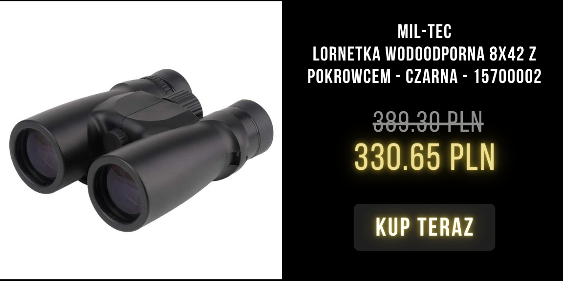 Black Mil-Tec 8x42 waterproof binoculars with protective case, angled front view on white background