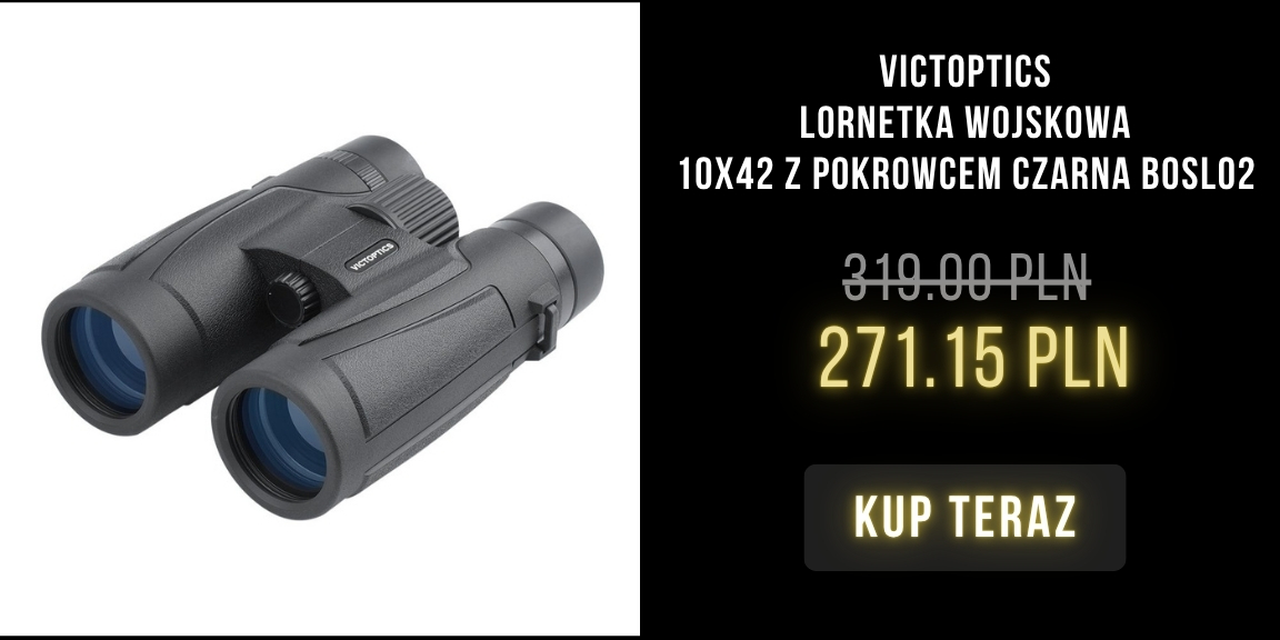 Victoptics 10x42 black military binoculars with protective case, sale price 271.15 PLN shown and 'Buy now' button