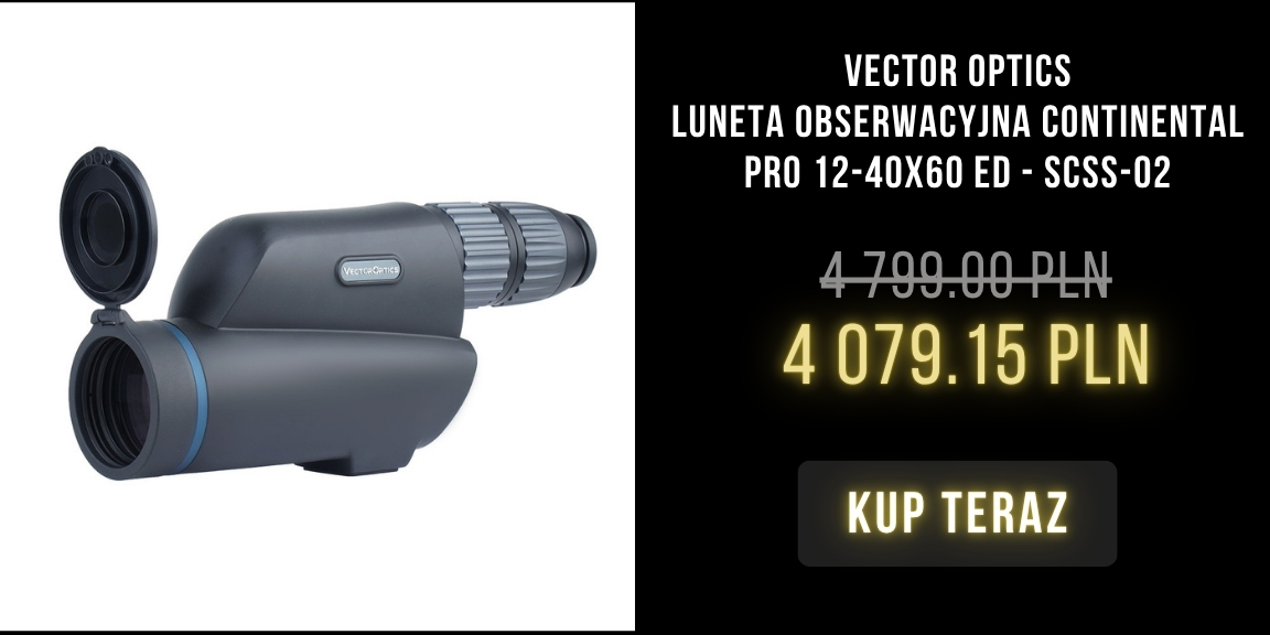Vector Optics Continental Pro 12–40x60 ED spotting scope in grey with open lens cap; product name and discounted price 4,079.15 PLN shown