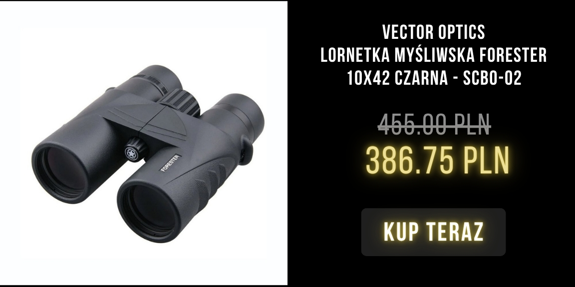 Black Vector Optics Forester 10x42 hunting binoculars (SCB0-02) on white background, textured grip and central focus knob