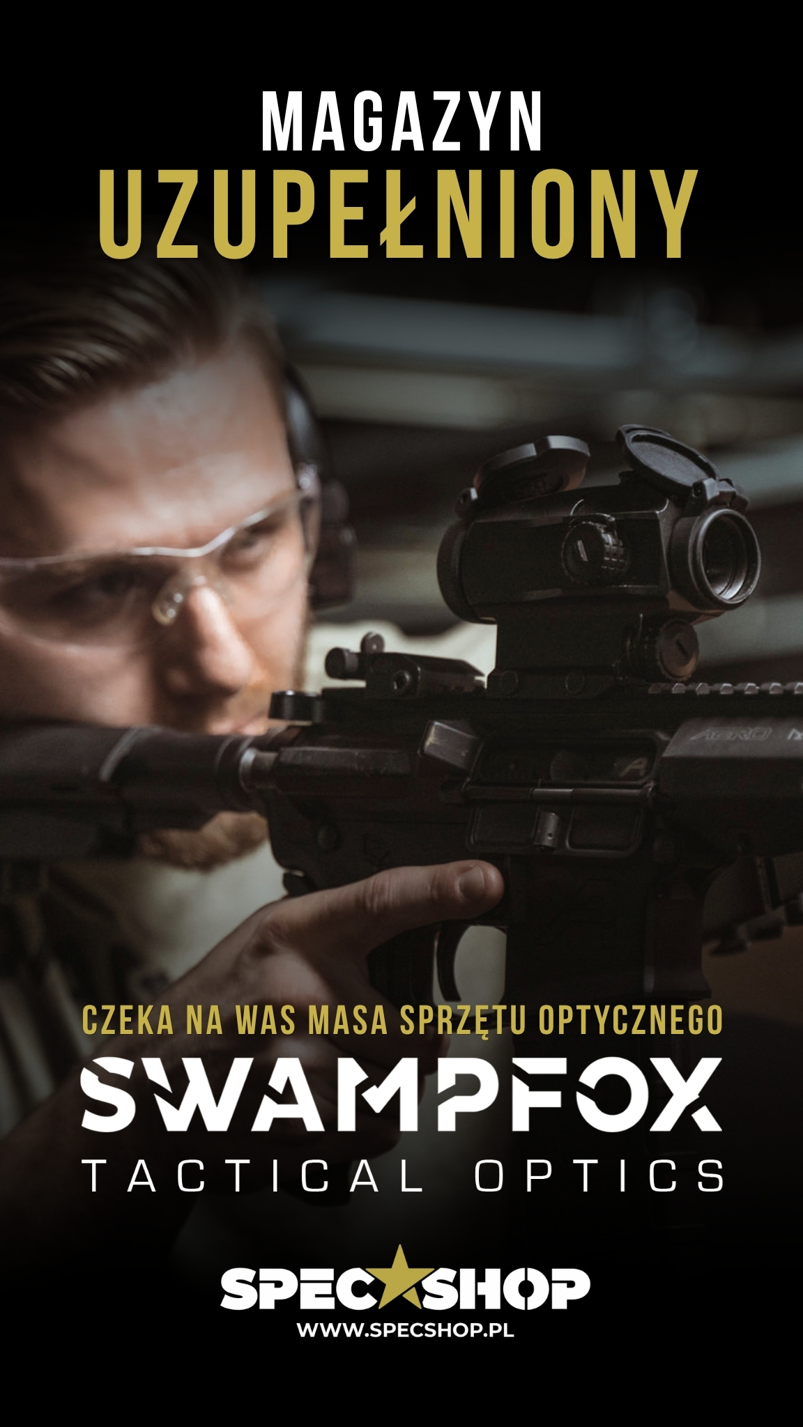 Person in safety glasses aiming rifle with Swampfox tactical optic on magazine cover reading 'Magazyn Uzupełniony'
