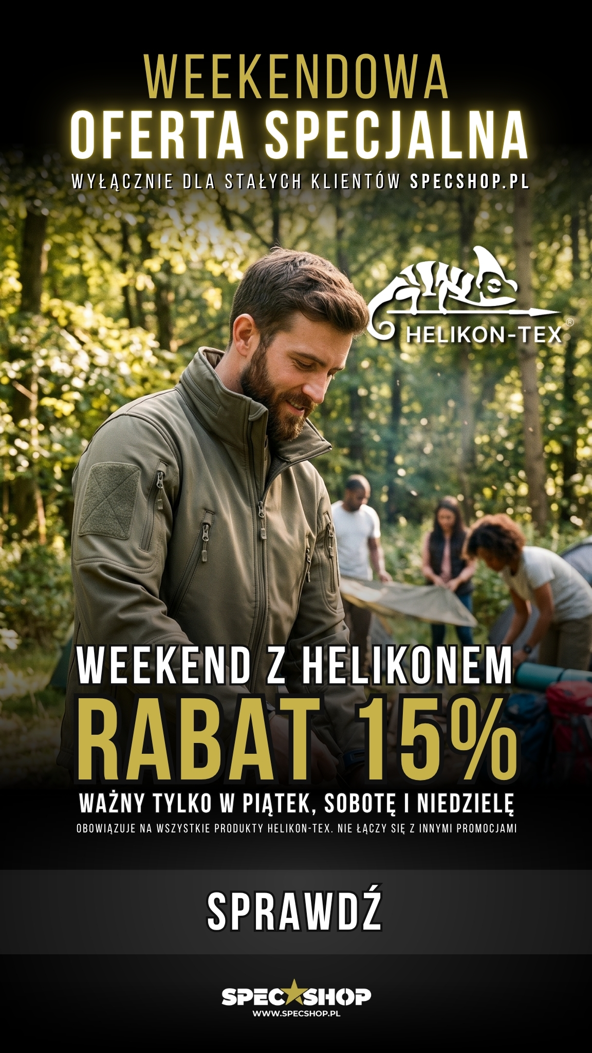 Promotional poster showing man in green Helikon-Tex jacket smiling at a campsite with people and tents, weekend 15% off offer