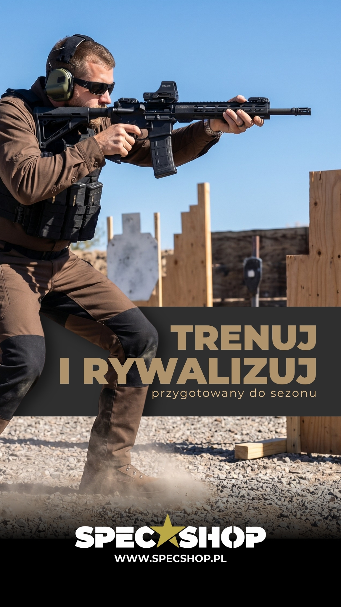Shooter in tactical gear firing a rifle at an outdoor range, wearing ear protection and body armour; SpecShop training ad.