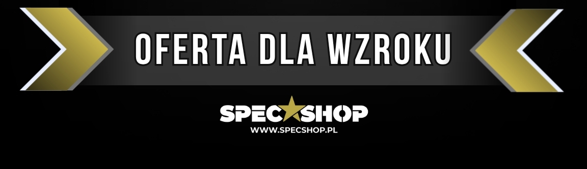 Black promotional banner with gold chevrons, Polish text 'OFERTA DLA WZROKU' and SpecShop logo with website www.specshop.pl