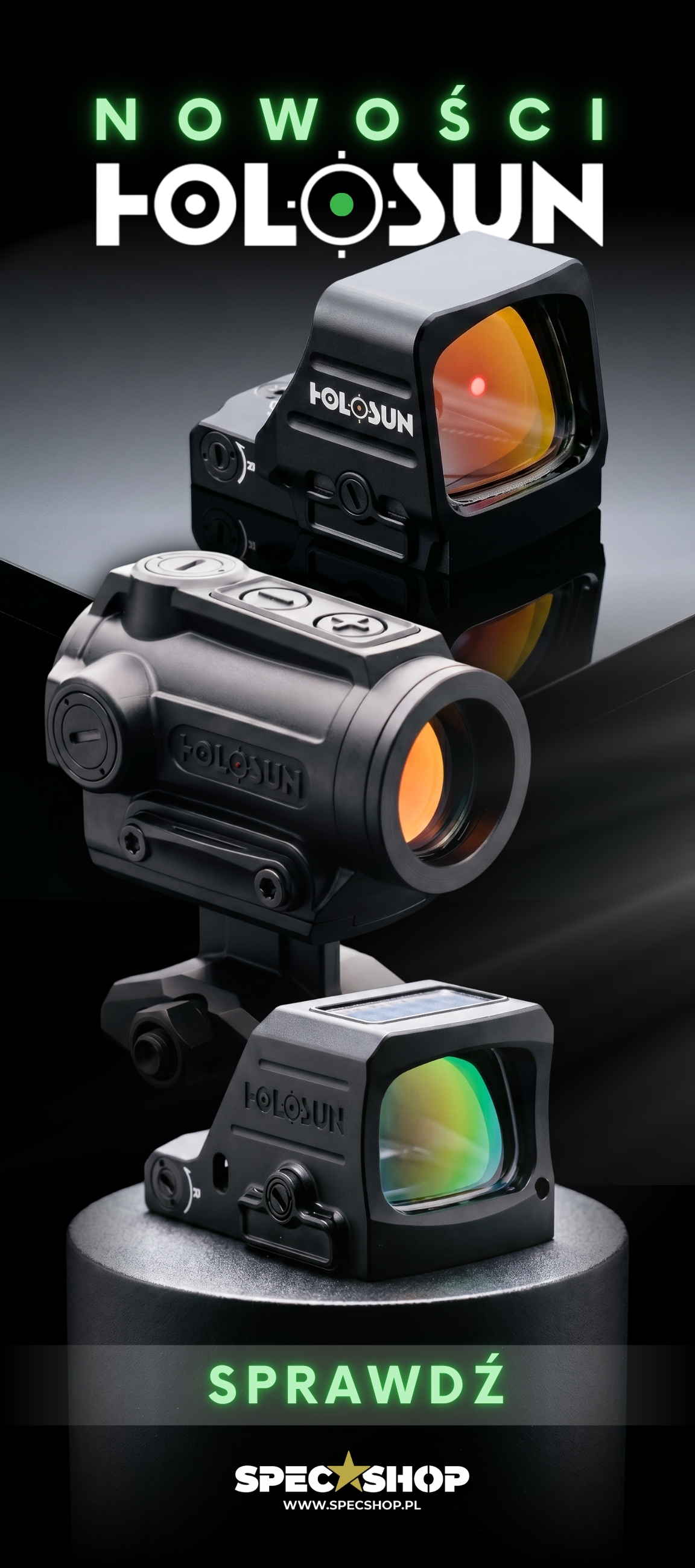 Three black Holosun reflex/red-dot sights with illuminated reticles on a dark reflective background, promotional display