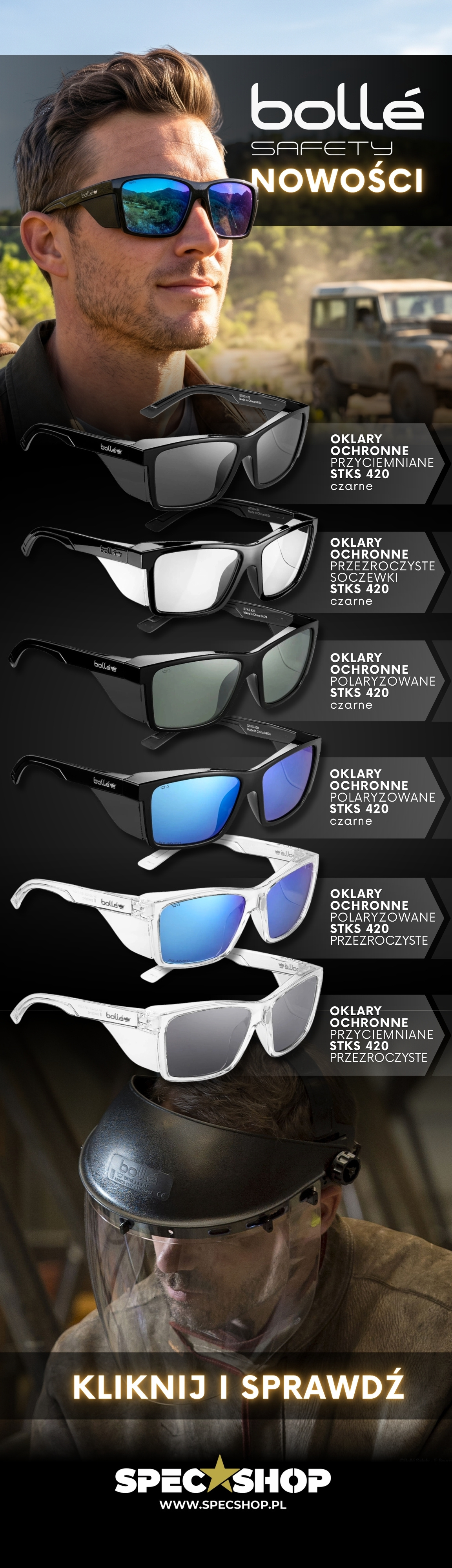 Bollé Safety banner promoting new protective eyewear: man in sunglasses, six safety goggle styles, click-to-view call-to-action