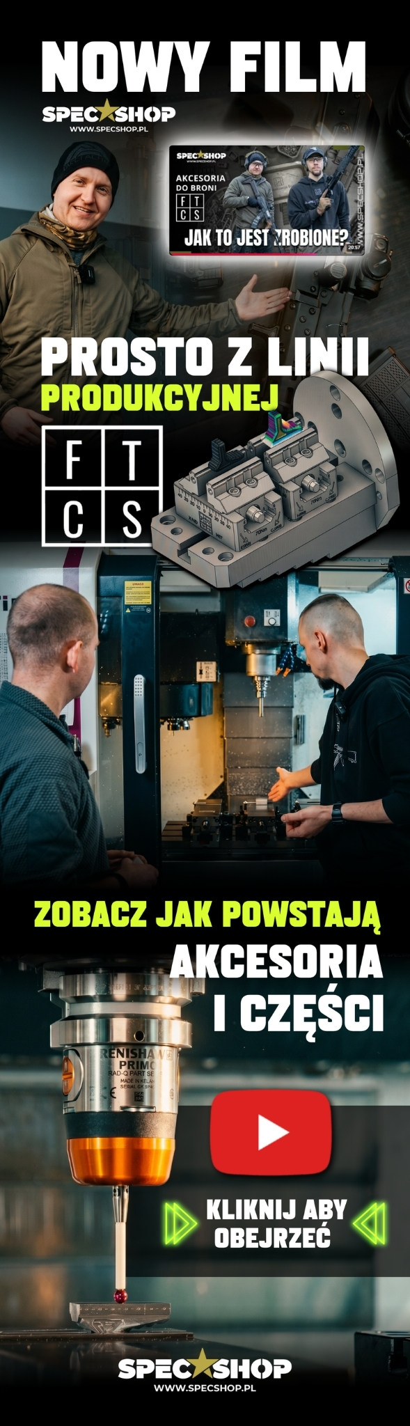 Spec-Shop film poster: two workers at a CNC milling machine, close-up of machined metal parts and red play button