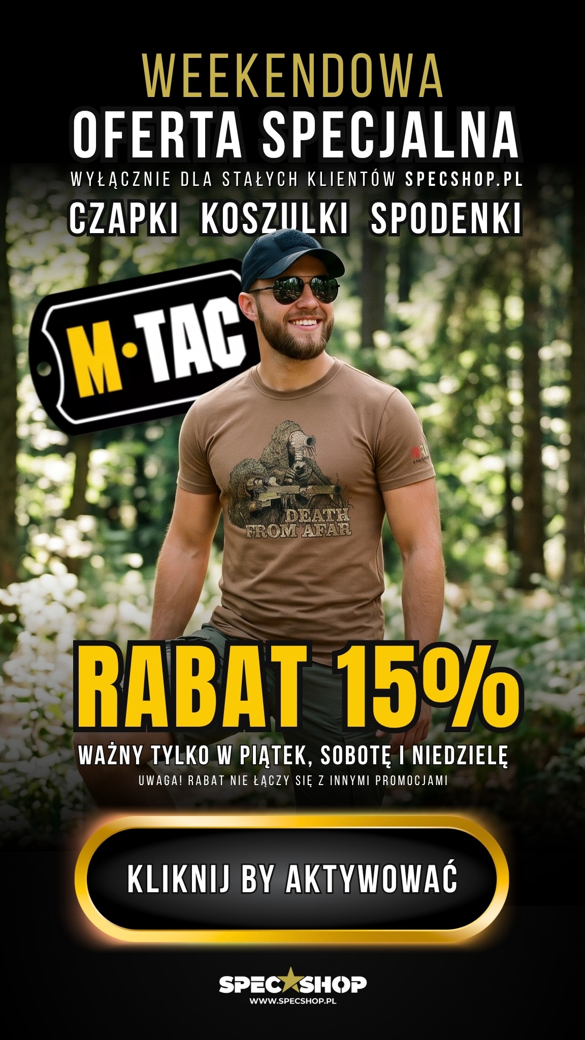 Smiling man in cap and sunglasses wearing brown tactical t-shirt in forest; banner advertising M-TAC weekend special — 15% off caps, shirts and shorts
