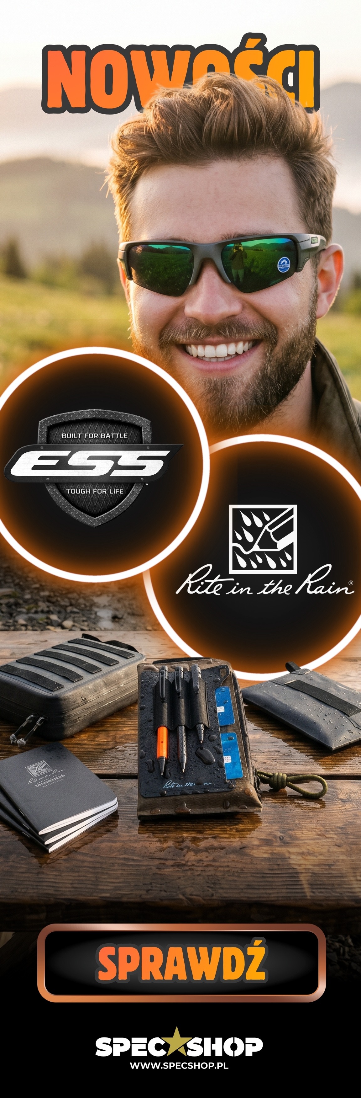 Smiling man in sunglasses outdoors with ESS and Rite in the Rain logos, tactical notebooks, pens and gear on a wooden table