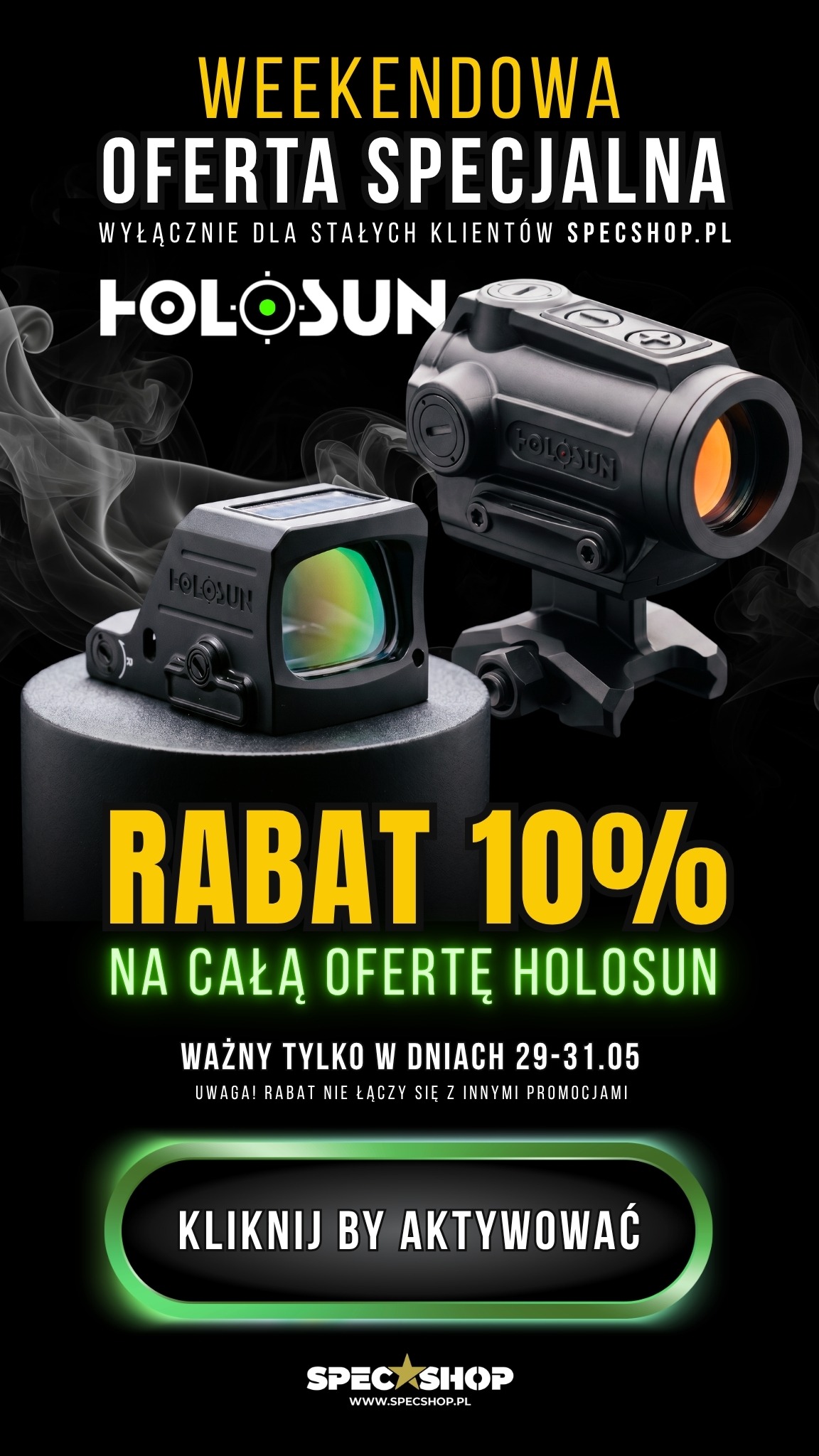 Promotional banner showing two Holosun red dot sights, Weekend Special 10% off Holosun range, valid 29–31 May with activation button