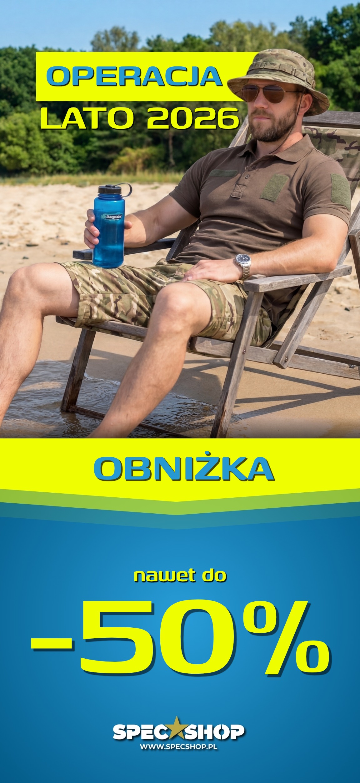 Man in camouflage on a beach chair holding a water bottle, promotional banner 'Operation Summer 2026' offering up to 50% off at SpecShop