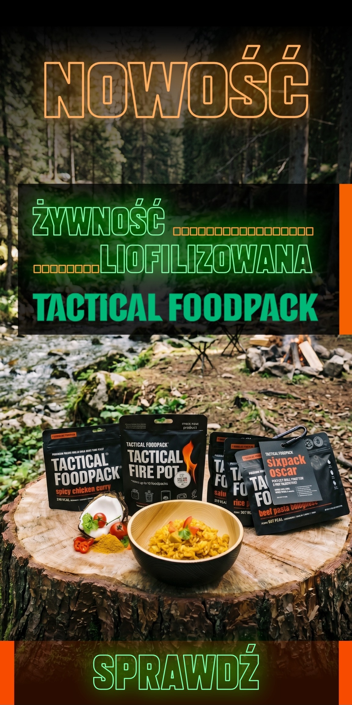 Freeze-dried Tactical Foodpack pouches and a bowl of rehydrated meal on a tree-stump table at a forest campsite