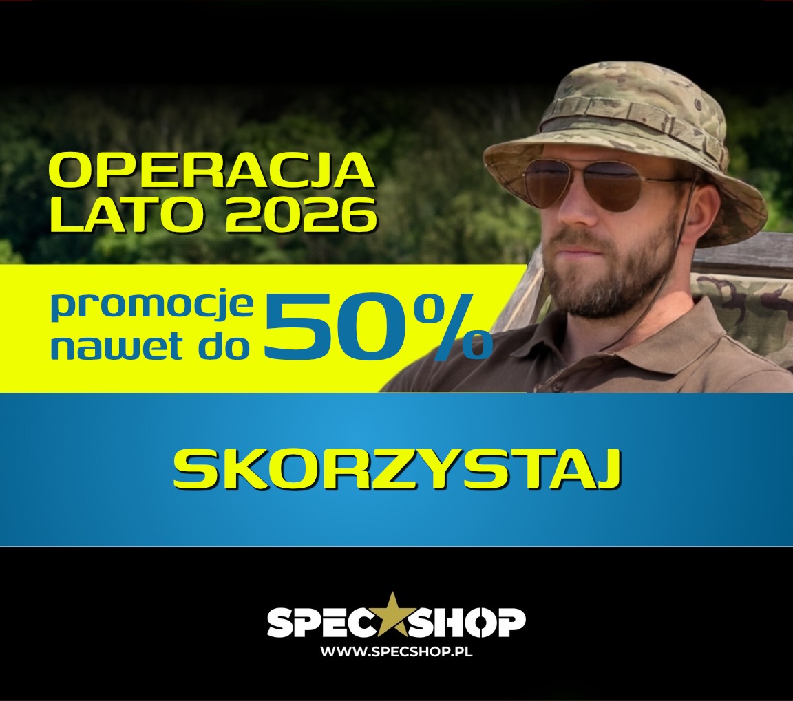 Promotional banner showing a bearded man in a camouflage hat and sunglasses with text 'Operacja Lato 2026' offering up to 50% off summer military gear