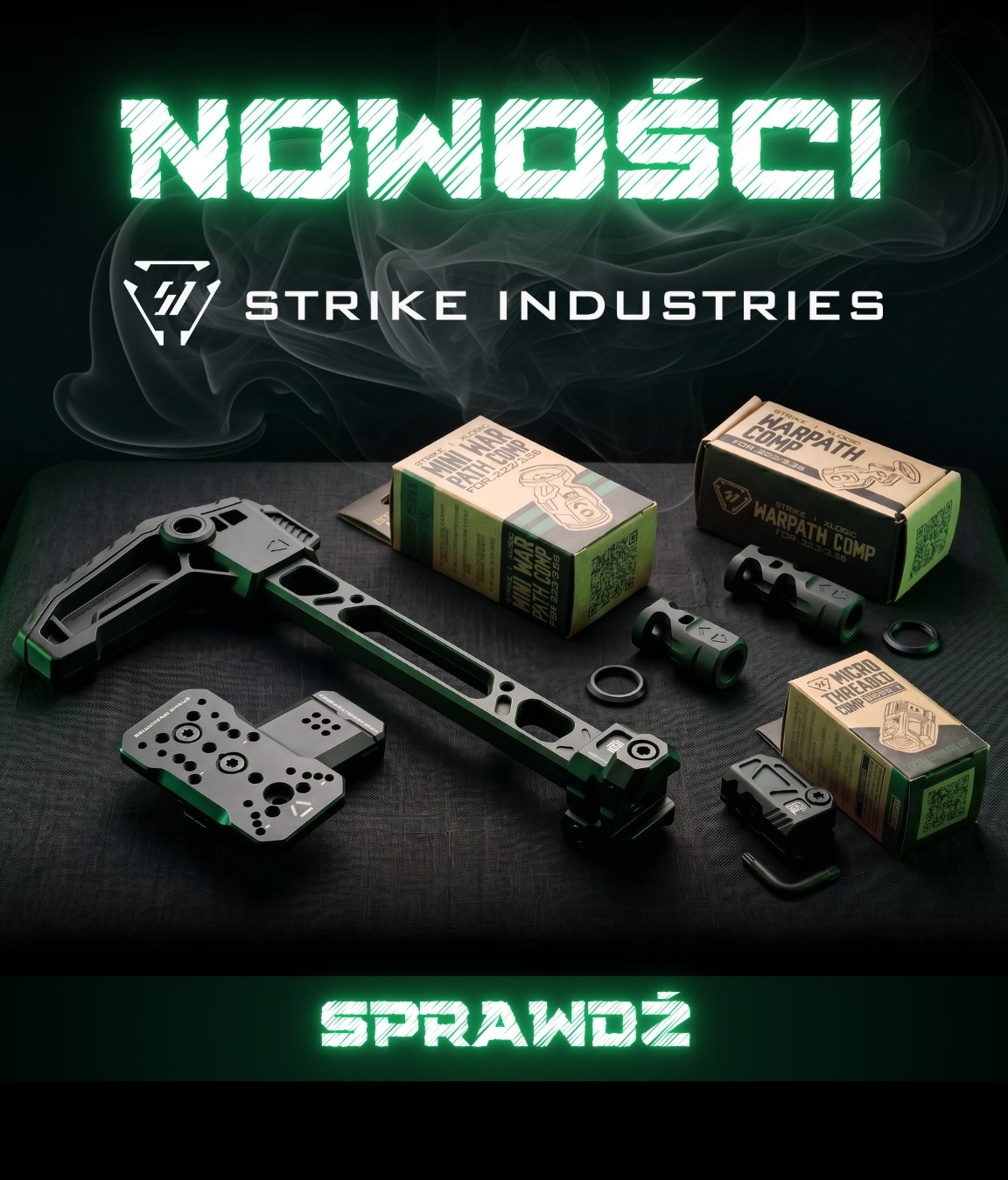 Strike Industries new: black aluminium mounting arm, plates, clamps and boxed Warpath Comp accessories on a dark background with green neon text