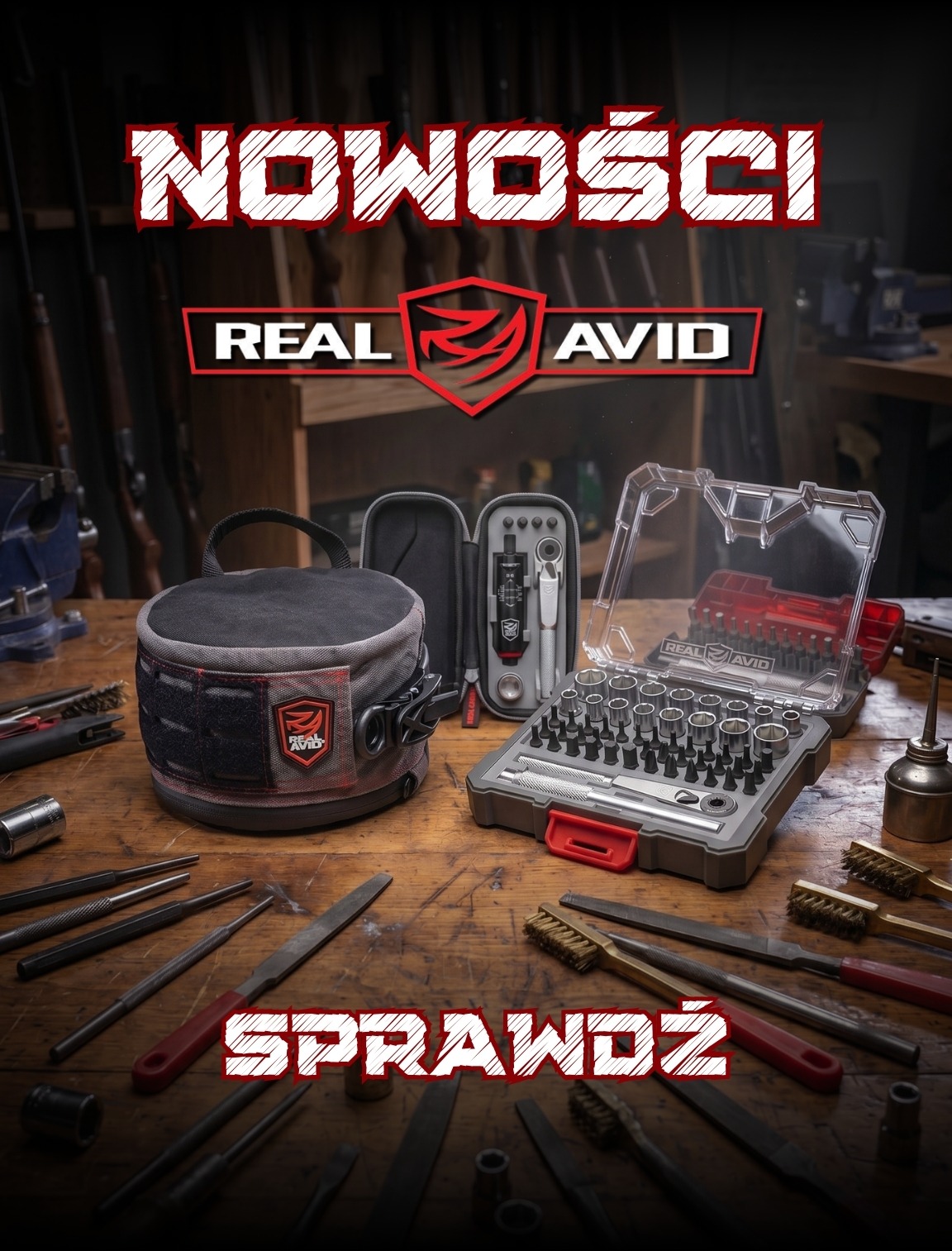Real Avid gunsmithing and gun-cleaning tool kit on a wooden workbench with case, brushes and bit set