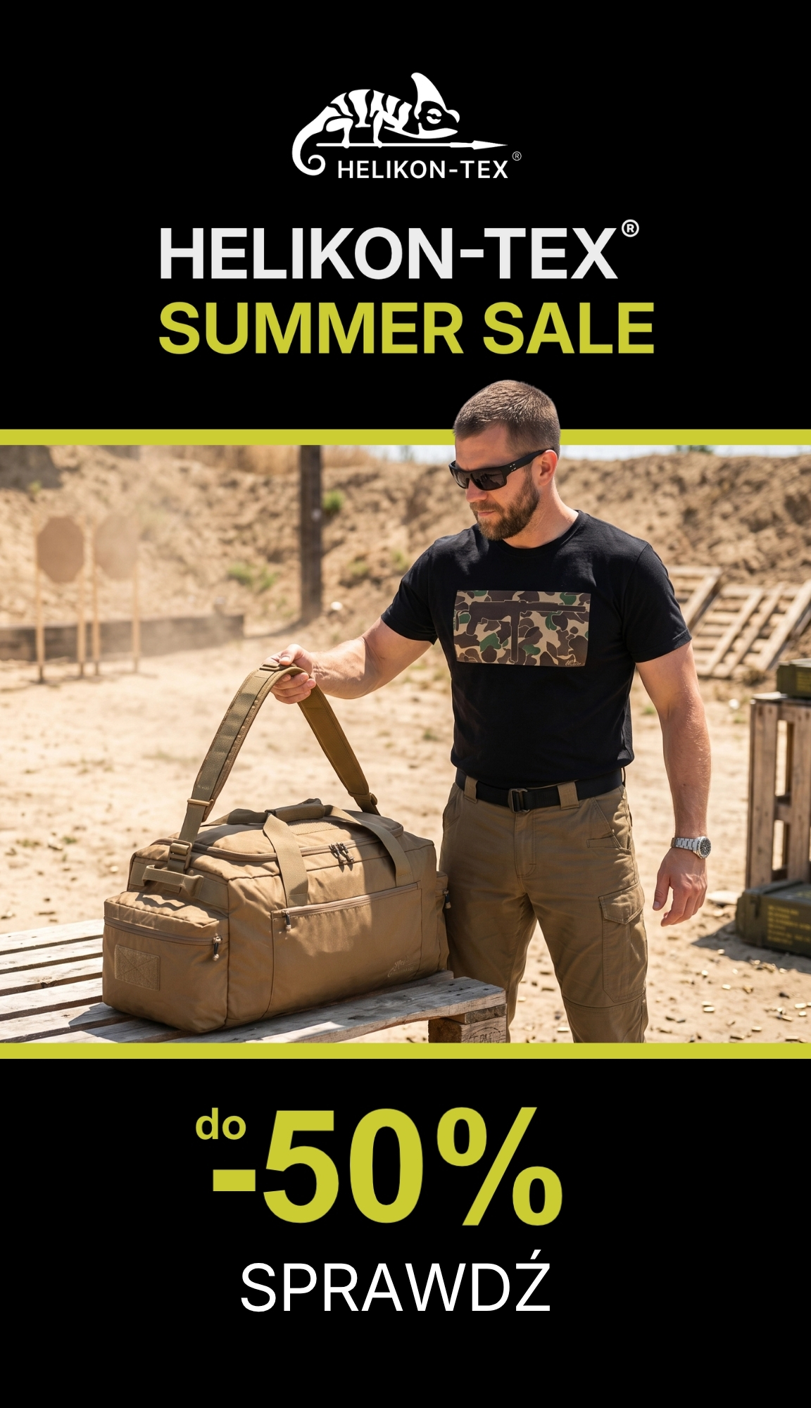 Helikon‑Tex summer sale banner with logo and '-50%' offer; man in sunglasses packs a tan duffel bag at an outdoor shooting range