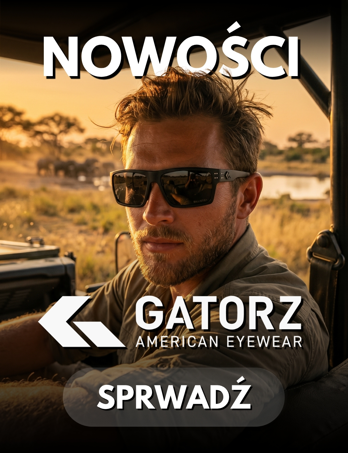 Man wearing Gatorz sunglasses in a safari vehicle at golden hour, looking towards camera with savannah landscape behind
