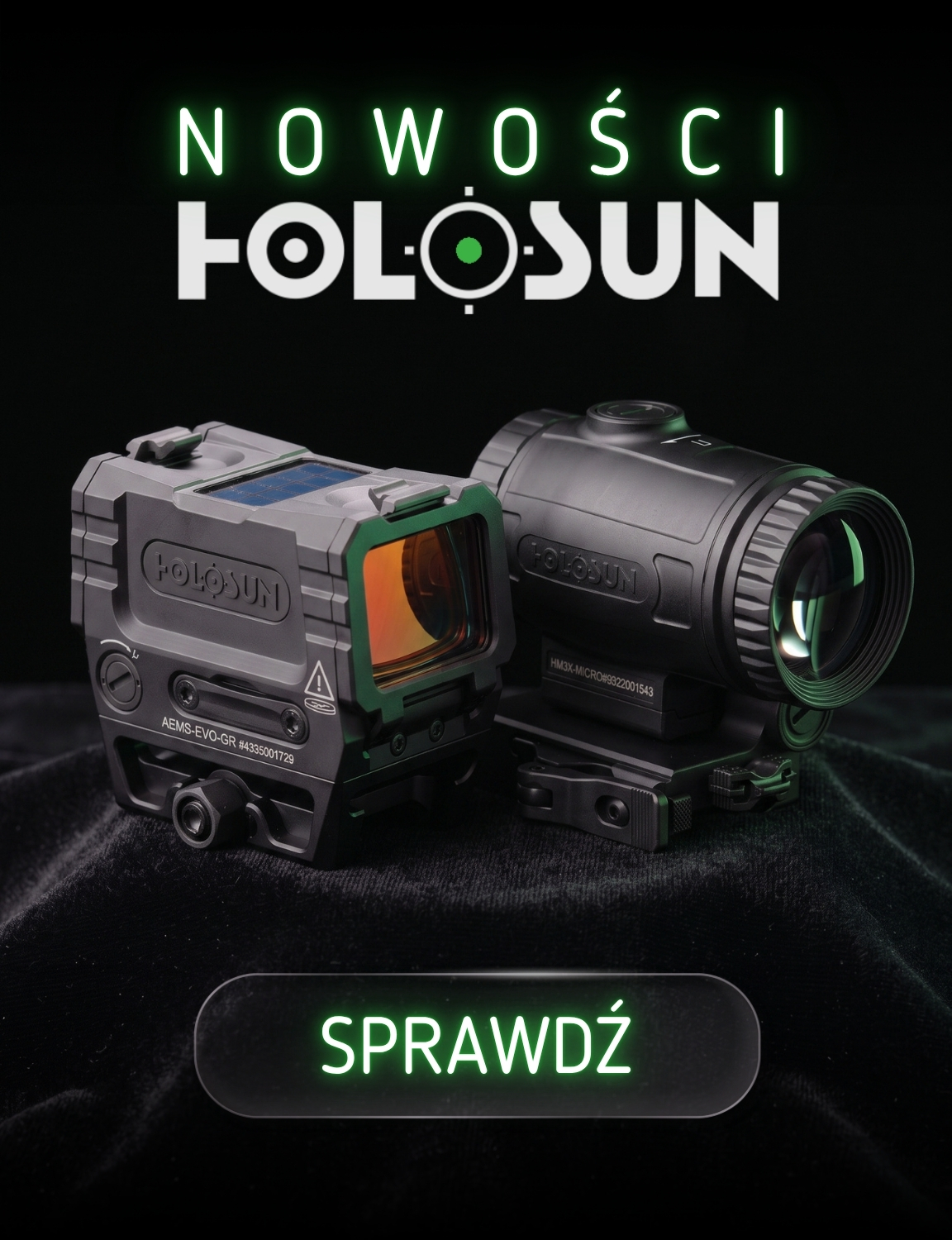 Two Holosun rifle optics (red-dot and magnifier) on black fabric with glowing green Holosun logo, 'New' header and 'Check' button