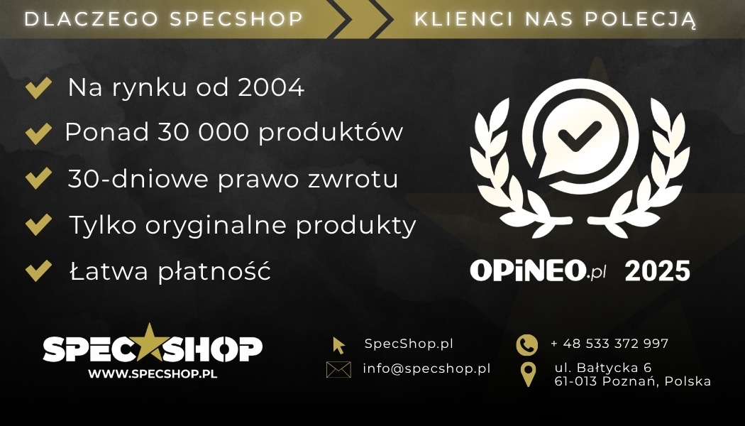SpecShop banner: since 2004, 30,000+ products, 30-day returns, original products, easy payment, Opineo 2025 award
