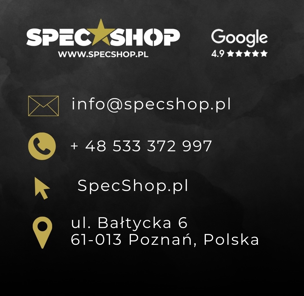 SpecShop logo with Google 4.9 rating — info@specshop.pl; +48 533 372 997; SpecShop.pl; Bałtycka 6, 61-013 Poznań, Poland