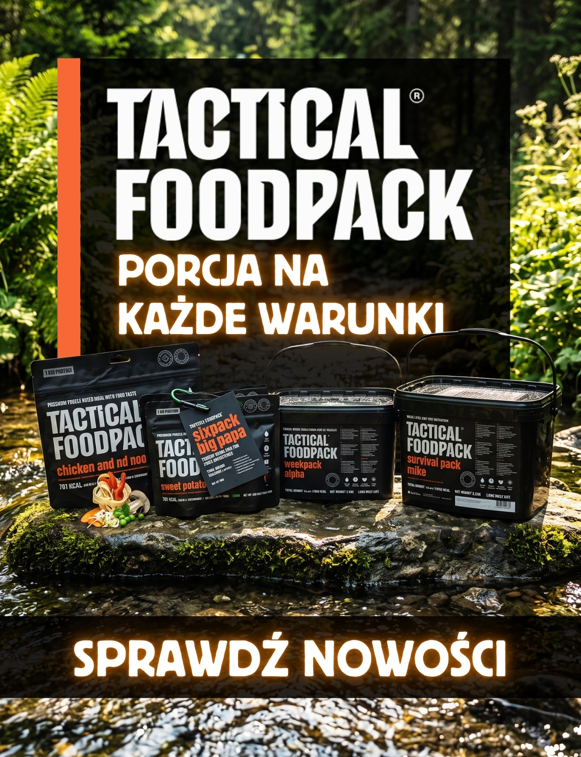 Tactical Foodpack emergency meal pouches and buckets displayed on a mossy rock by a forest stream, survival food packaging