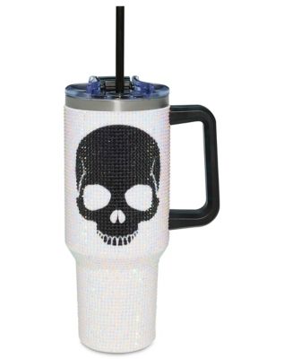 White and Black Rhinestone Skull Travel Tumbler with Straw - 40 oz.