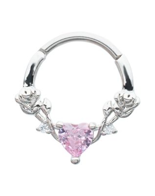 Pink Heart CZ Rose Hinged Septum Ring - 16 Gauge